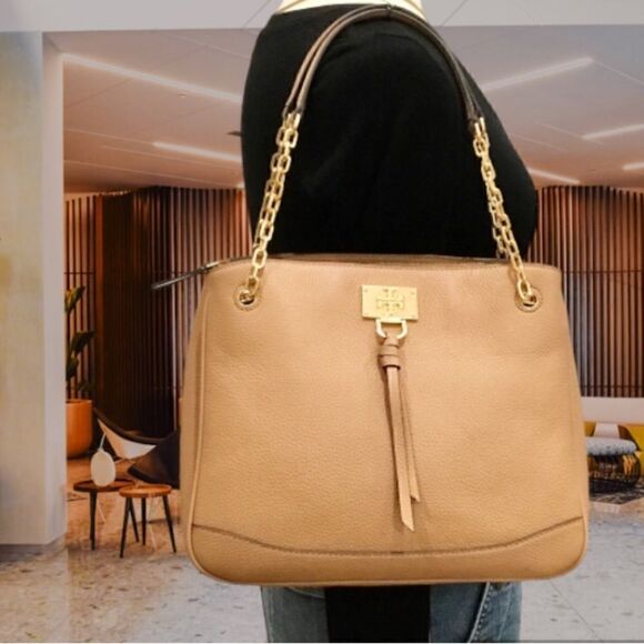 TORY BURCH EVE BROWN LEATHER TOTE - Picture 1 of 8